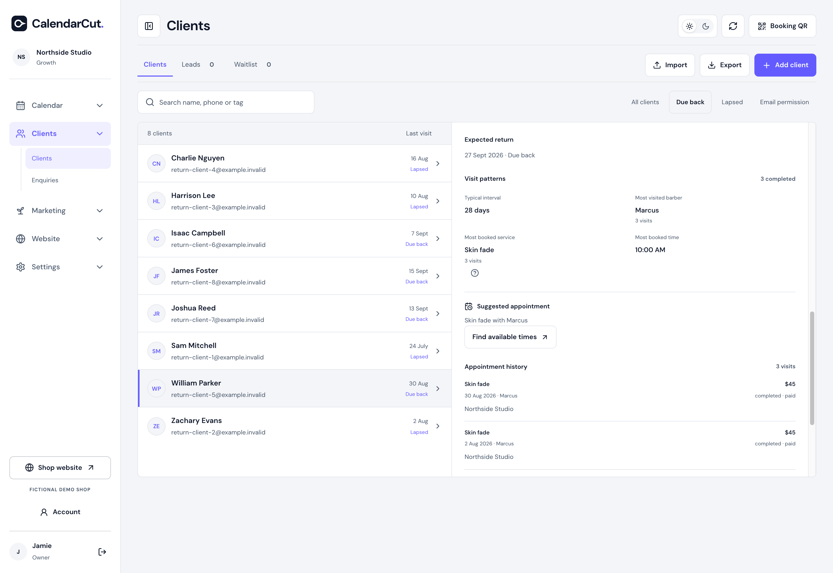 CalendarCut Clients workspace showing due-back clients and visit history