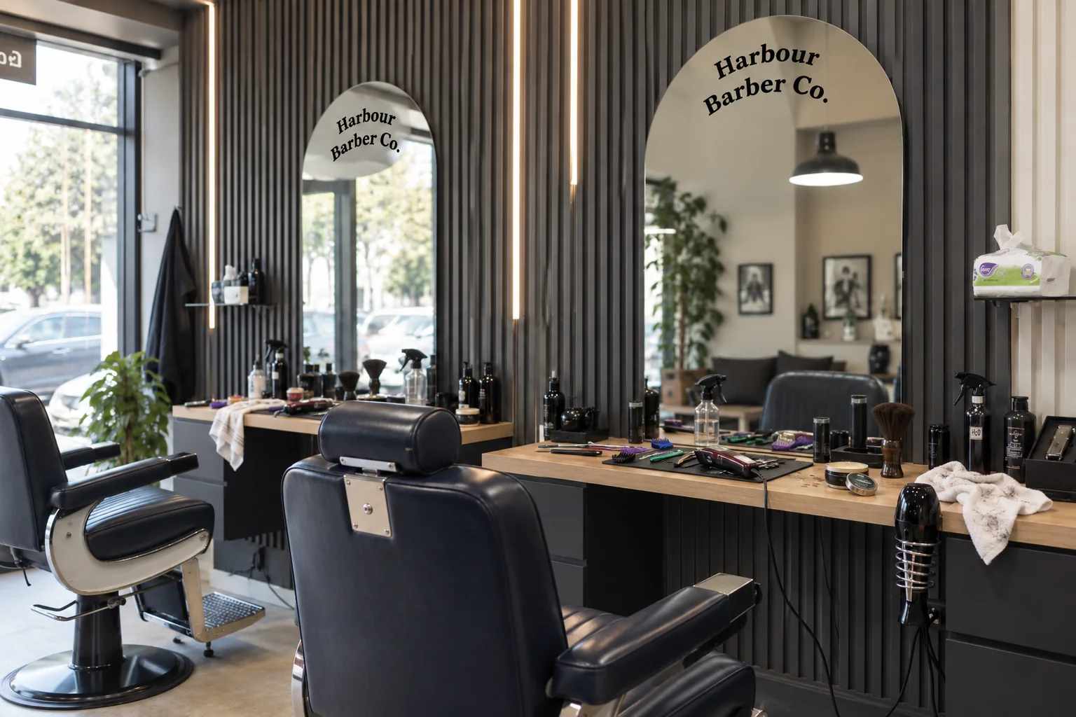 A working barbershop with black chairs, arched mirrors and tools on the countertops