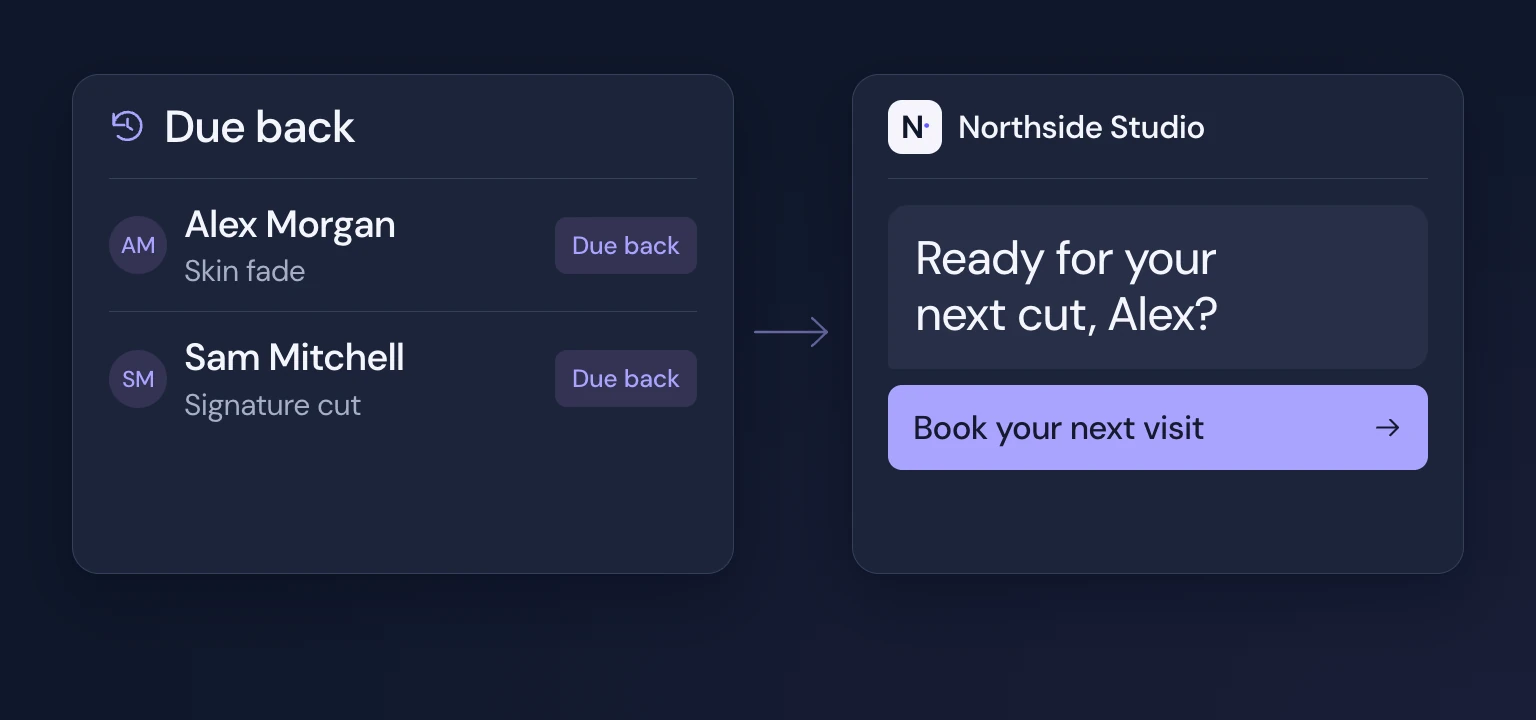 Clients due back for a haircut connected to a Northside Studio rebooking invitation in dark mode