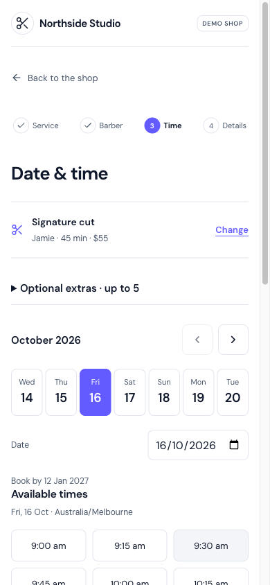 CalendarCut client booking page with sample data